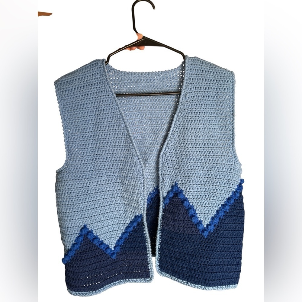 Hand knit blue cardigan sweater vest two toned